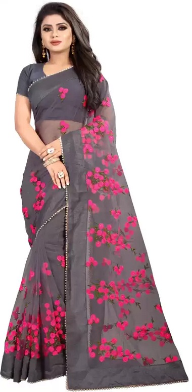 Designer Net Saree With Embroidery Work - Sarees Range From $25 - $50