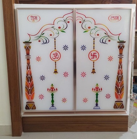 Etched Pooja Room Glass Door with Divine Symbols