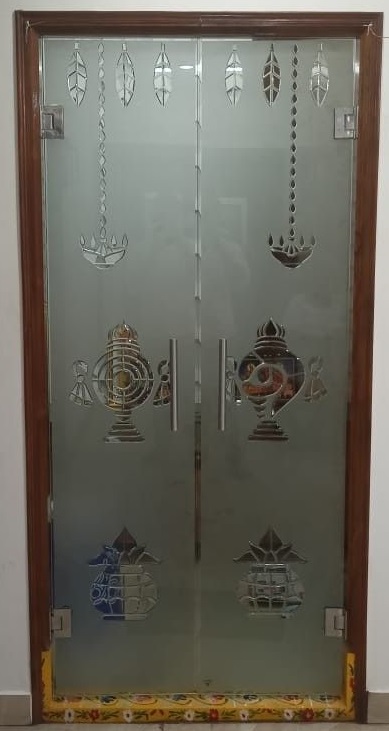Mirror Pooja Room Glass Door Design with Ornate Frame