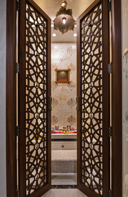 Temple-Inspired Pooja Room Glass Door Design
